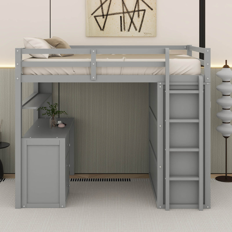 Lit mezzanine double avec tiroirs, bureau et garde-robe, Gris