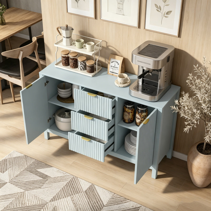 Buffet Wave Design avec 3 tablettes réglables, 3 tiroirs et portes à fermeture en douceur, console de rangement multi-scène