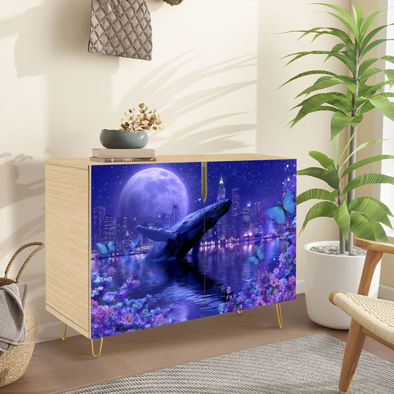 Buffet Buffet avec rangement Magical Night Sky Floating Blue Whale Luminous Flowers Under Full Moon avec 2 portes pour le salon et la cuisine