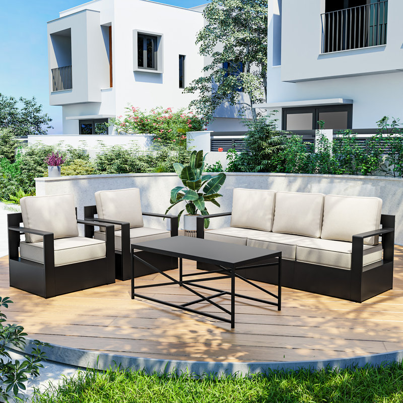 Ensemble de mobilier d'extérieur moderne en aluminium avec coussins beiges et table basse 4 pièces Abdullah, Beige