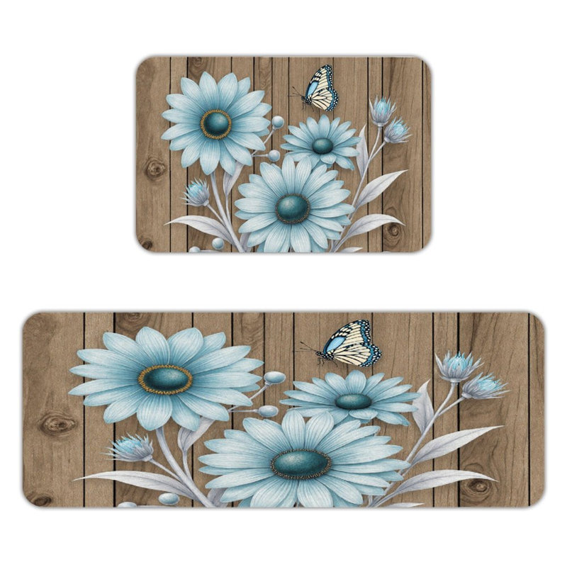Tapis de cuisine antidérapant à motif de marguerites bleues et 2 pièces
