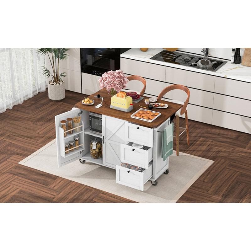 K&K 54.5" Farmhouse Kitchen Island With Power Outlet, Kitchen Storage Island With Internal Storage Rack, Drop Leaf, Spice Rack, Rolling Kitchen Cart On Wheels, For Home, Kitchen And Dining Room