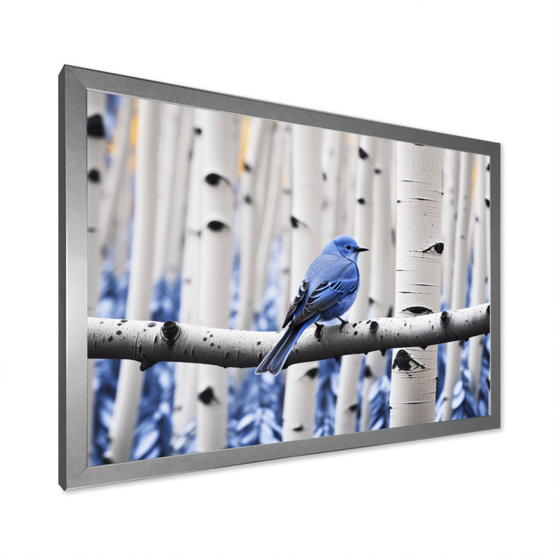 Markeis - oiseau bleu gris en forêt I - impression, Cadre simple argenté, H 24 po x l 32 po x P 1 po