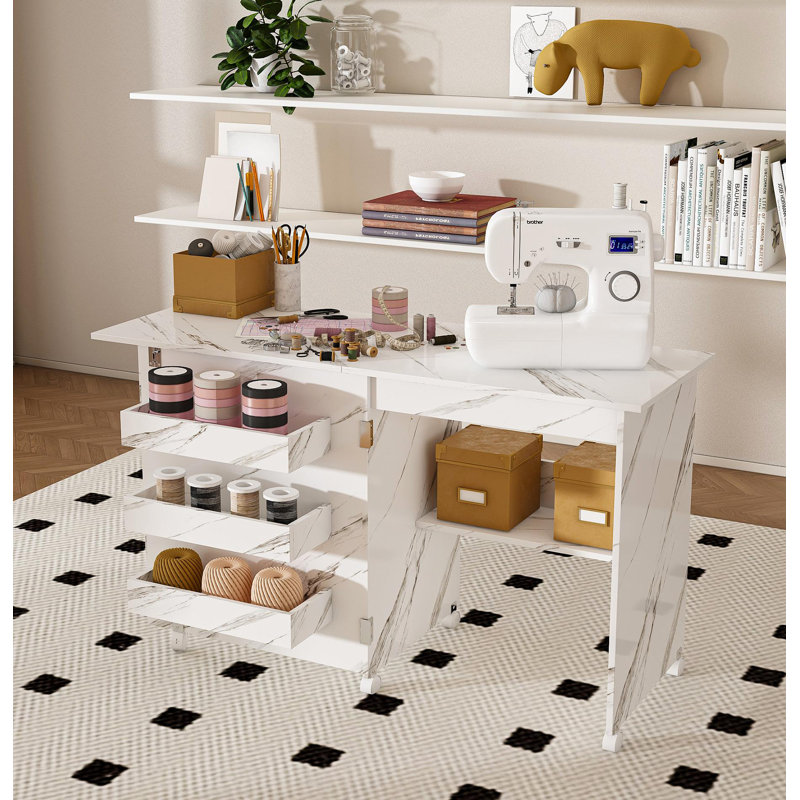 4-In-1 Folding Sewing Table With Lockable Wheels – Multi-Functional Craft Station, End Table, Computer Desk & Kitchen Storage With Shelves, White Rolling Sewing Machine Table For Apartments
