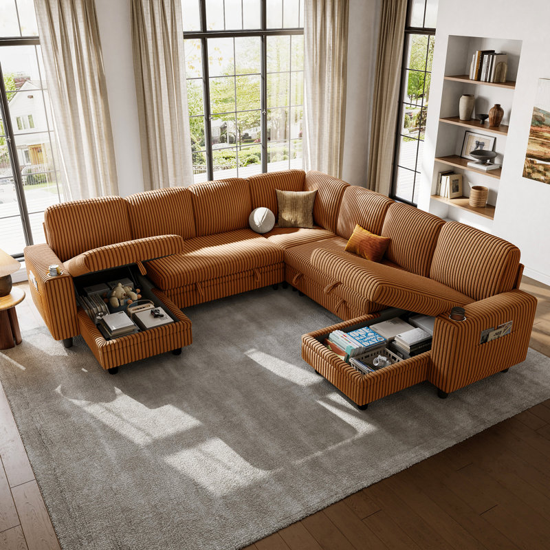 Sherry 106" Convertible Plush Sectional Sleeper Sofa With Storage Chaise & USB Charging, Soren Brown Corduroy