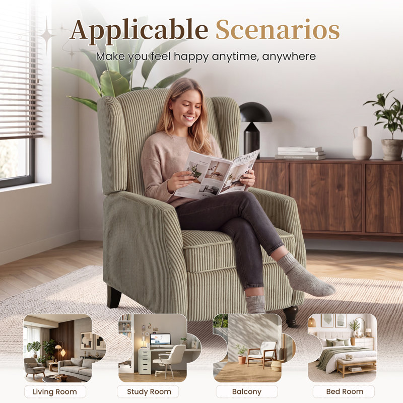 Fauteuil inclinable manuel moderne en velours côtelé de 26,5 po de largeur avec dossier à oreilles classique et pieds en bois en forme de vase