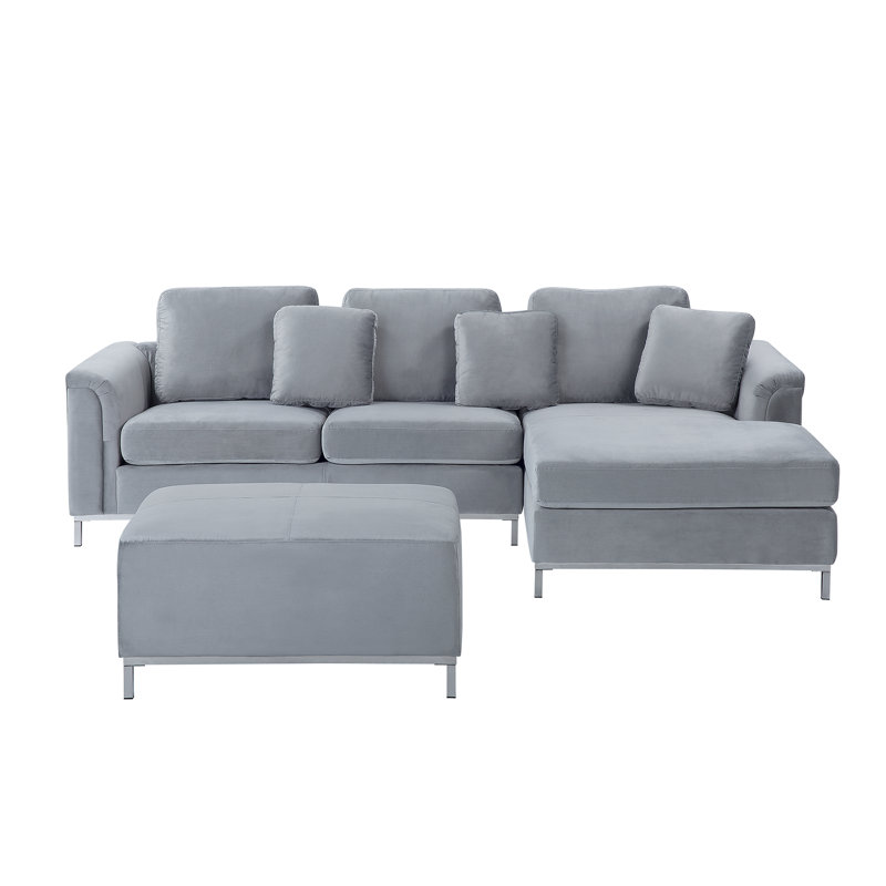 Kaya 4 Seater Velvet Corner Sofa , Right Hand Facing, Grey, SIlver