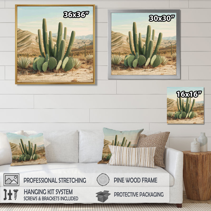 Cactus et les montagnes du désert III - Cactus grand, art mural, H 30 po x l 30 po, Toile tendue, Ne s’applique pas