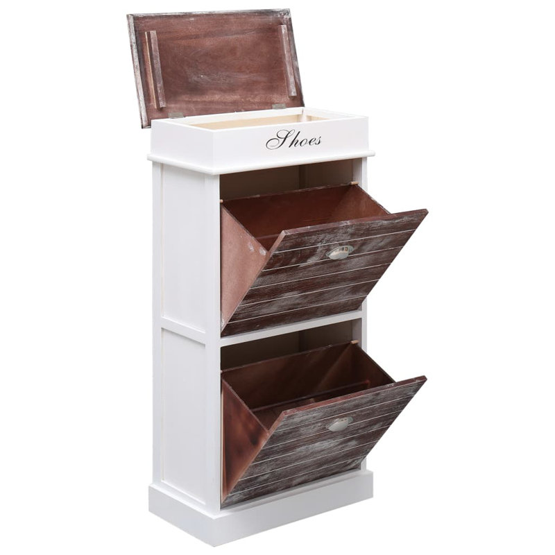 4 Pair Solid Wood Flip Down Shoe Storage, Brown/White