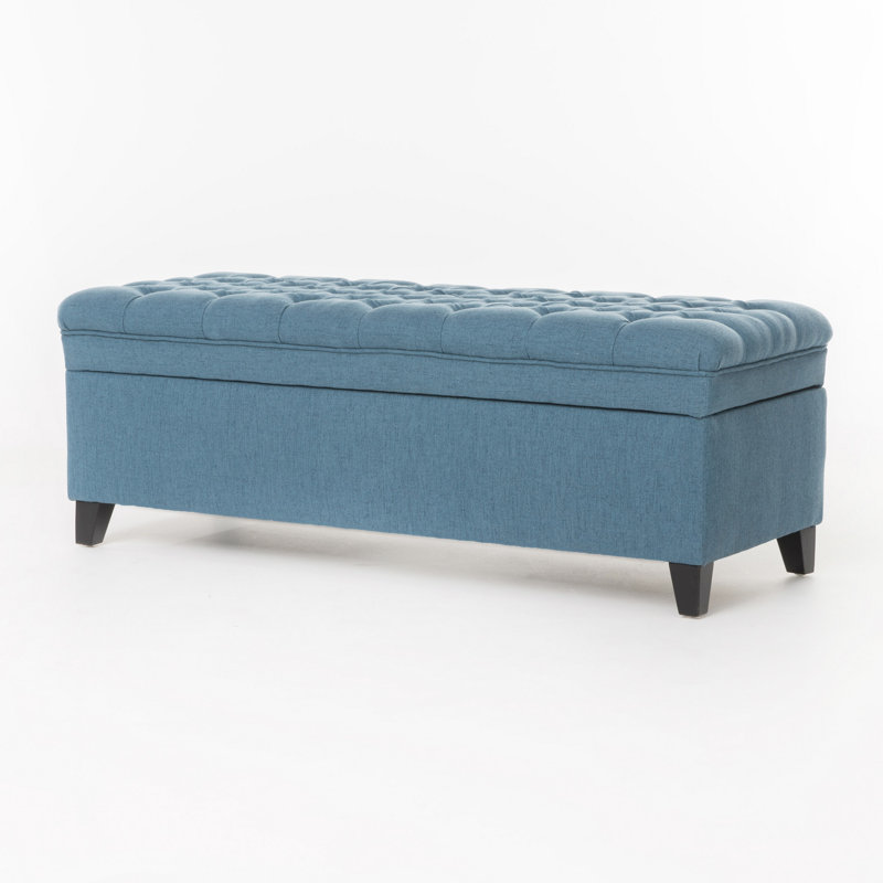 Rhya Storage Ottoman Bench, Soft Blue Fabric, Black Wood, 50 Inch, Blue