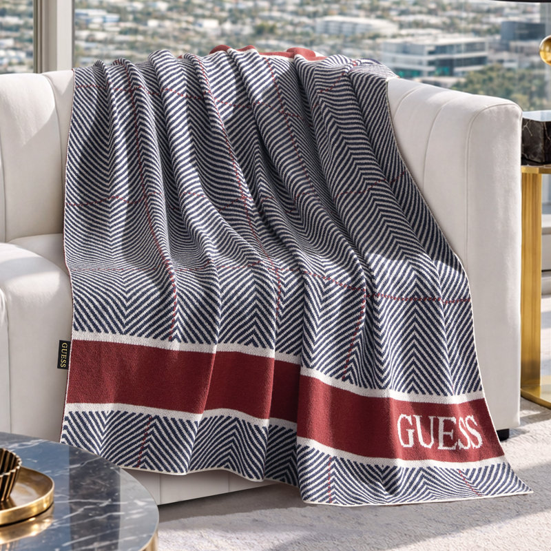 Plaid Guess en maille jacquard, Logo écharpe London - bleu marine