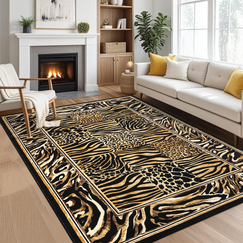 Animal Print Machine Washable Rug with Stylish Zebra and Leopard Pattern for Home Decor Non-Slip Area Rug for Living Room Bedroom Dining Room Office
