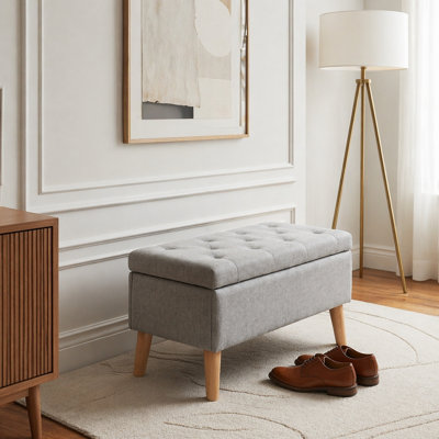 32" Wide Storage Ottoman Bench with Built-in Tray, Square Storage Ottoman for Extra Storage, Upholstered Footrest and End of Bed Bench