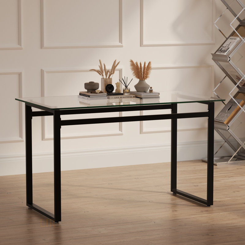 Modern Minimalist Rectangular Glass Dining Table With Tempered Glass Top And Black Chrome Metal Legs For 4-6 People, Perfect For Kitchen, Dining, And Living Rooms