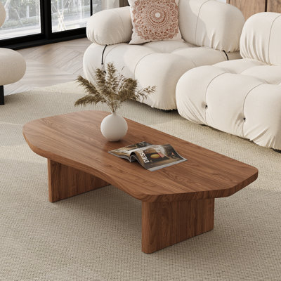 54.33'' Irregular Organic Shape Walnut Coffee Table, Mid Century Cocktail Table with Double Pedestal for Living Room