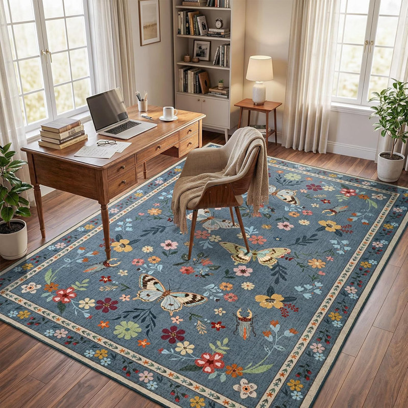 Tapis à motif papillon et insecte, Blue, Rectangulaire 8 pi x 10 pi