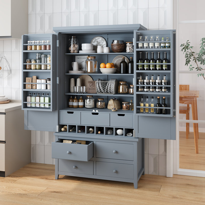 Garde-manger spacieux et autoportant avec 8 tablettes de porte, 3 tablettes réglables, 7 tiroirs et 8 supports à vin, Gris