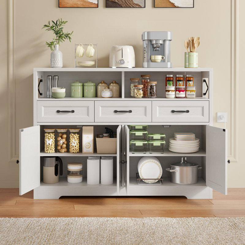 Solid Wood Farmhouse Buffet Cabinet – Charging Port, 3 Drawers, 4 Doors & Adjustable Storage, White