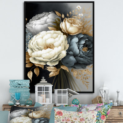 Bouquet de pivoines blanches, bleues et grises III - Impression sur toile