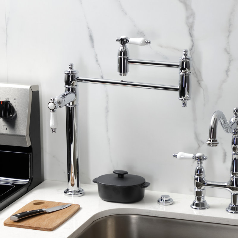 Kingston Brass Two-Handle 1-Hole Deck Mount Pot Filler Faucet, Polished Chrome/White