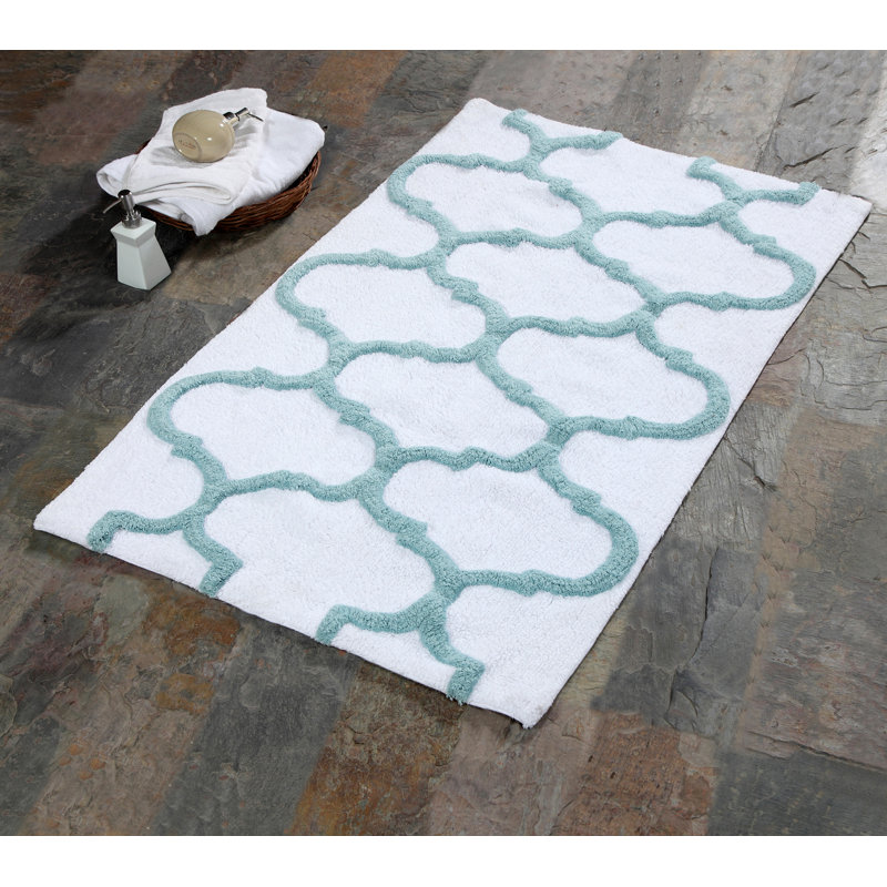 Anastatia Cotton Non-Slip Bath Rug, 34" x 21", White/Arctic Blue