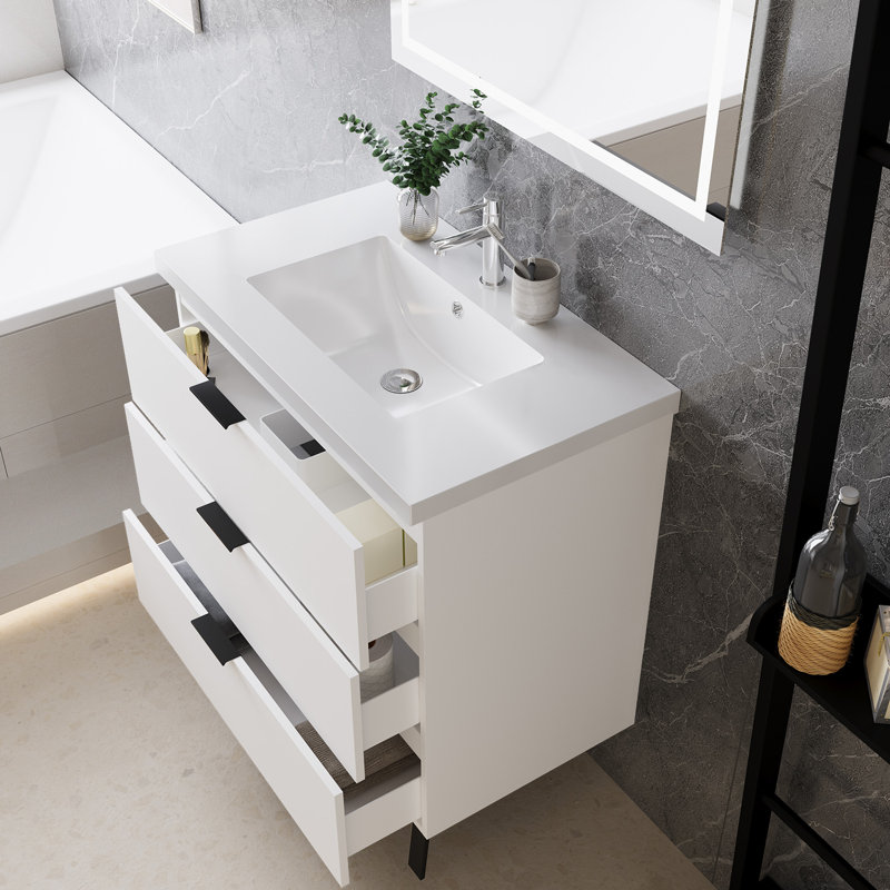 80 mm Freestanding Combined Vanity Unit with Integrated Resin Basin, White