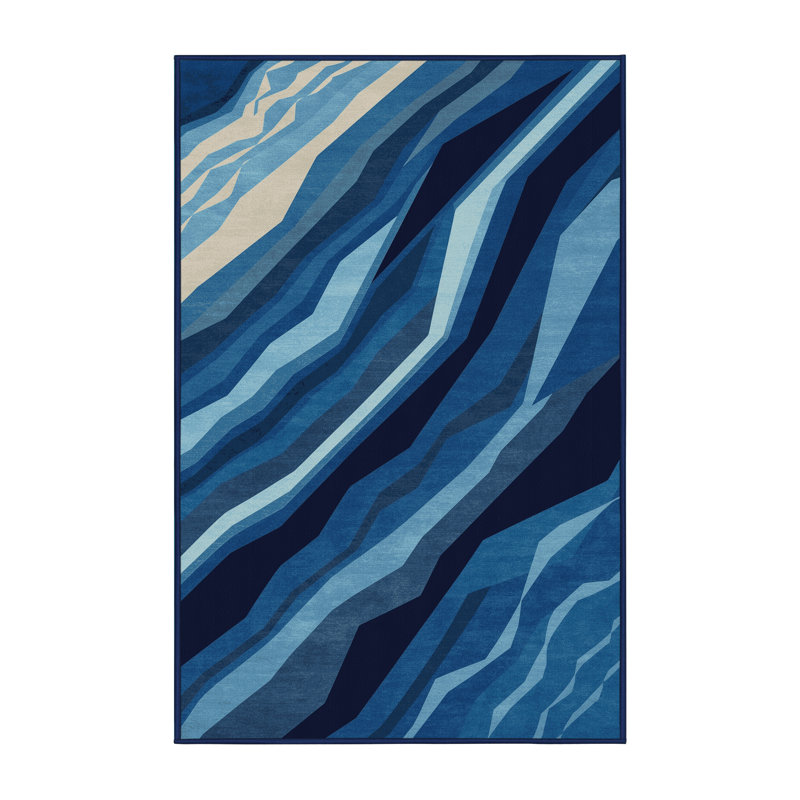 Machine Washable Newberry Enlil Modern & Contemporary Geometric Rug in Blue – Navy Binding, 2x3
