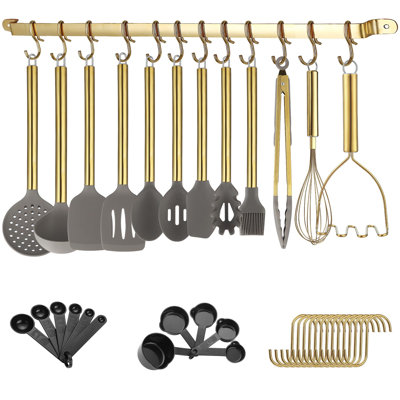 38-Piece Gold Silicone Kitchen Utensils Set with Utensil Rack, Non-Stick Cooking Tools, Spoon & Spatula Set, Dishwasher Safe -  4 SEASONS FURNITURE, 032810