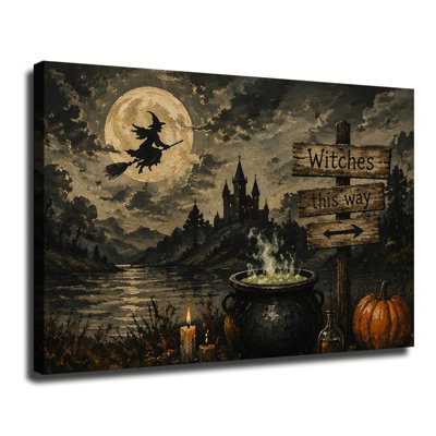 Witch Flying On Broomstick Over Castle, Witches This Way Sign And Cauldron, Vintage Halloween Canvas Wall Art Decor