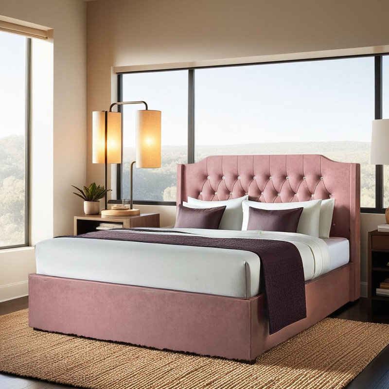 Structure de lit tapissier grand de luxe avec rangement à oreilles et rangement sous le lit, Rose