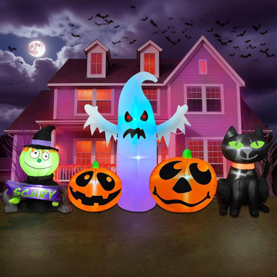 Giant Halloween Inflatable Pumpkin Ghost & Black Cat Yard Decoration with Built-In LED Lights, Spooky Blow-Up Lawn Decor for Outdoor, Indoor, Garden & Halloween Parties