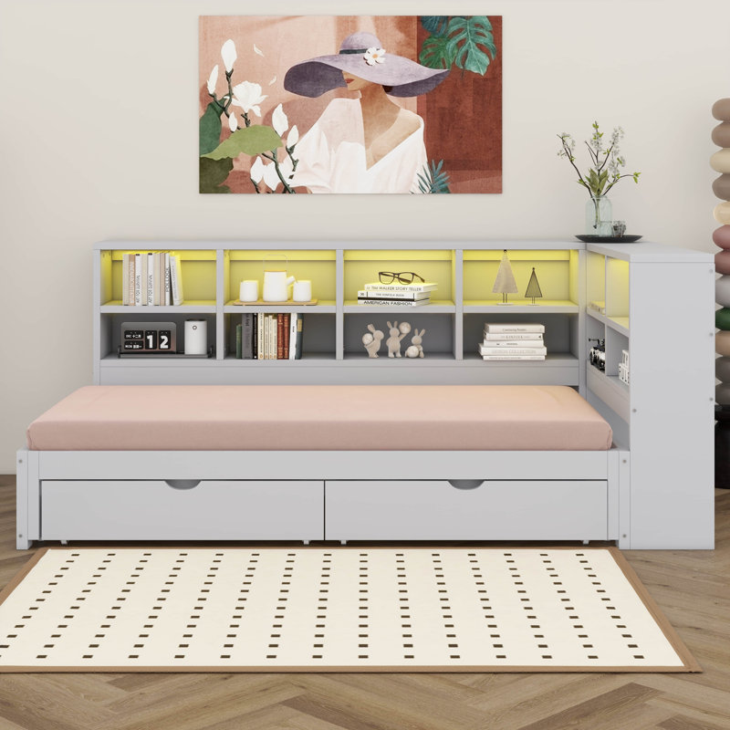 Daybed With 2 Storage Drawers And L-Shaped Storage Cabinets, Solid Wood Sofa Bed Daybed Frame With LED Light And USB Ports