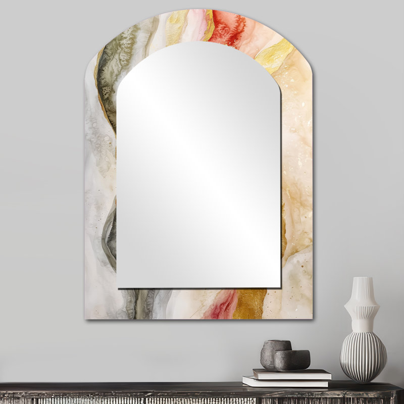 Celestial Pink Balance Of Sinai Pearl Marble II - Transitional Asymmetrical Large Mirror, Modern Arch Decorative Wall Mirror, Printed Metal Art