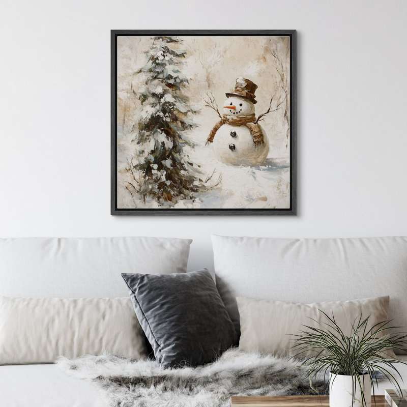 Impression sur toile, bonhomme de neige avec arbre de Noël en hiver, H 16 po x l 16 po, Cadre flottant noir