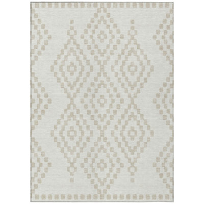 9' X 12' Ivory And Beige Geometric Washable Indoor Outdoor Area Rug