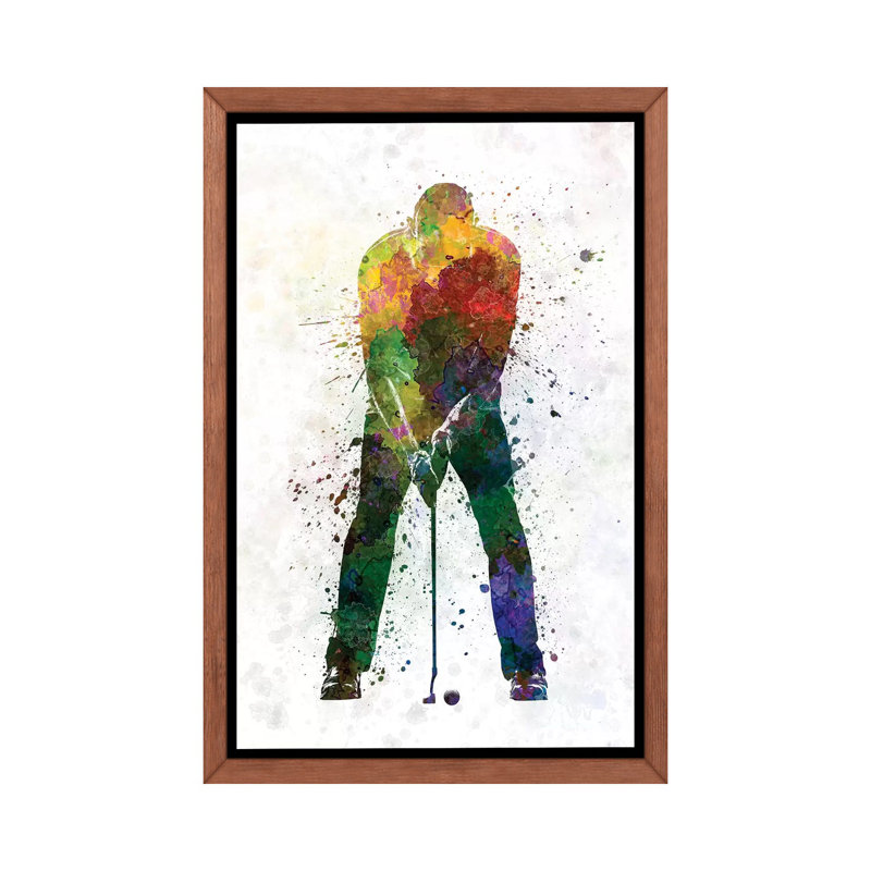 «Golfeur Putting Silhouette» par Paul Rommer - impression d'art graphique, Toile avec cadre en bois brun