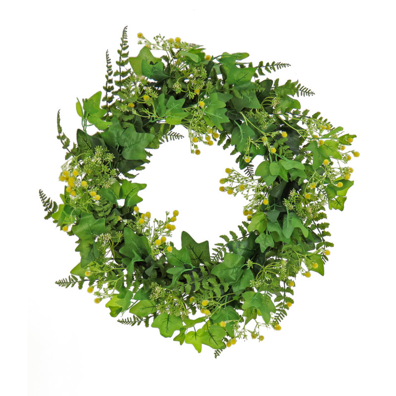 24 inch Artificial Spring Wreath with Ivy, Fern Leaves, Seed Pods, and Flowing Green Stems   