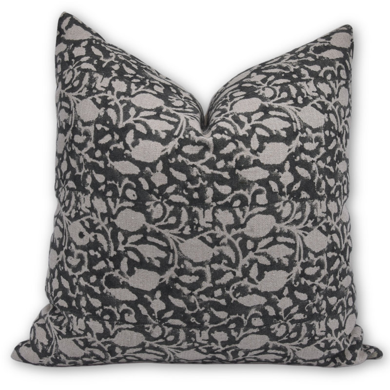 Block Print Throw Pillow Cover, 29 Thick Linen Decorative Cushion Cover, 22" x 22", Square, Light Gray Floral 5