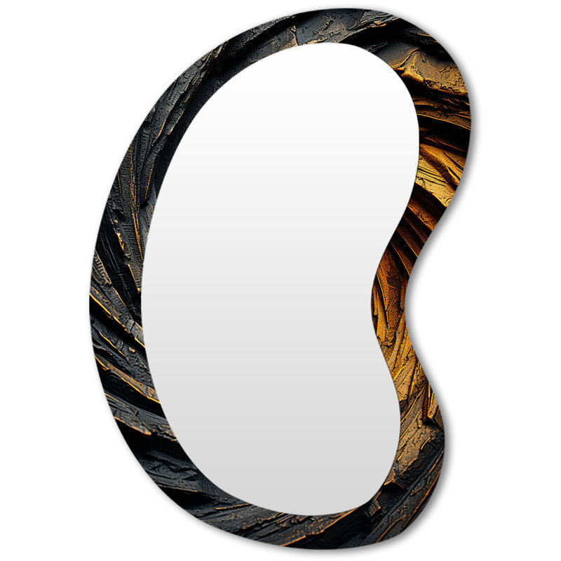 Spirale abstraite jaune et noire «Essinger» - miroir mural asymétrique à spirales abstraites, miroir décoratif de forme unique moderne, impression sur métal