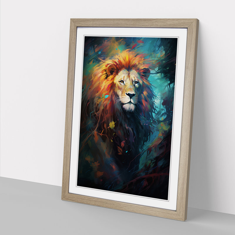 Lion Conceptual - Single Picture Frame Print on Wood, Oak Framed, 64cm H x 46cm W x 2cm D