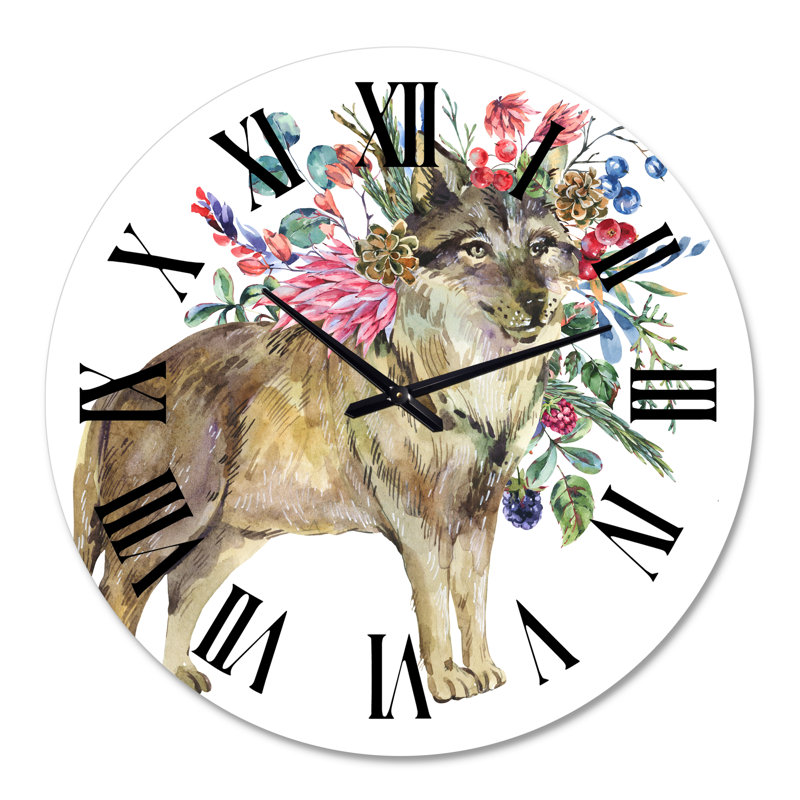 Wolf With Woodland Flowers - Farmhouse Wall Clock, 29" H x 29" W x 1" D