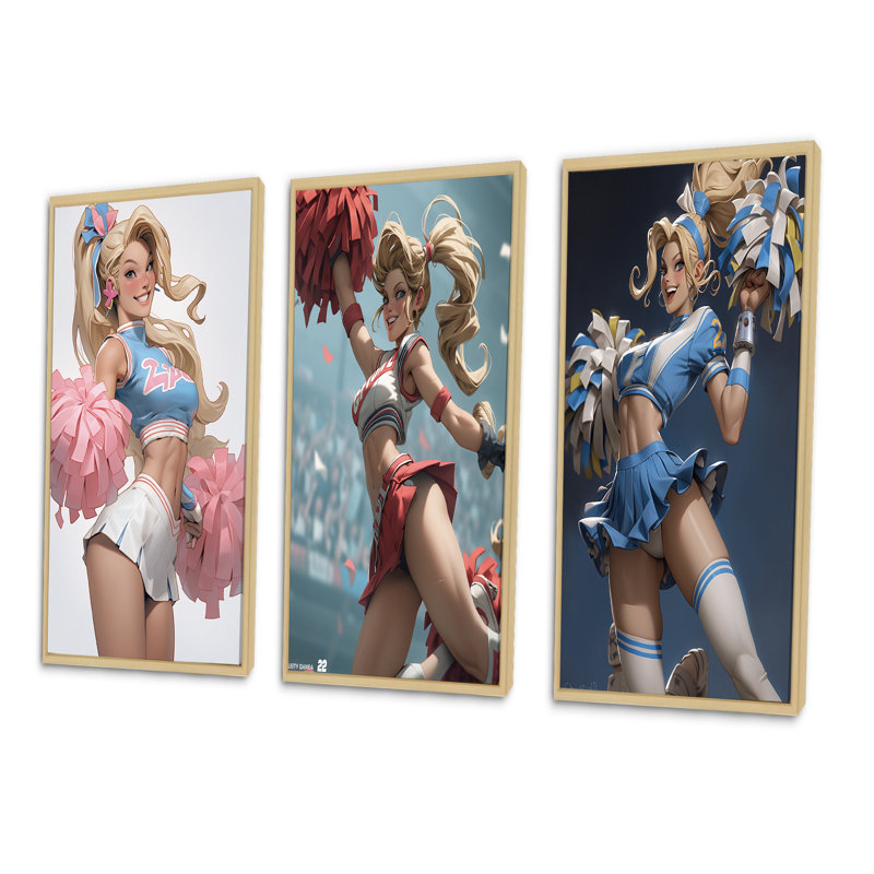 «Playful Dancing Cheerleader», 3 pièces sur toile, Cadre naturel flottant, H 40 po x l 60 po