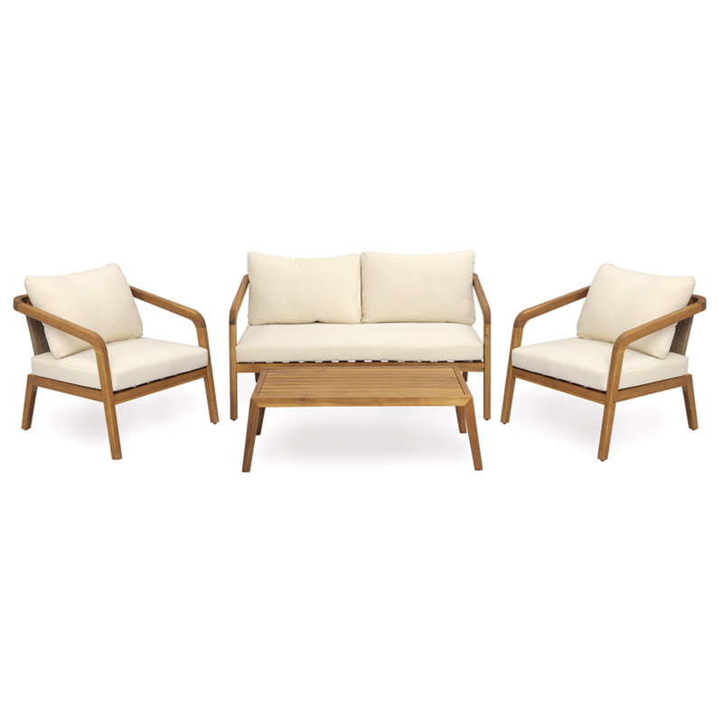 Ensemble de conversation 4 pièces en bois d'acacia avec dossier en osier et coussins de confort