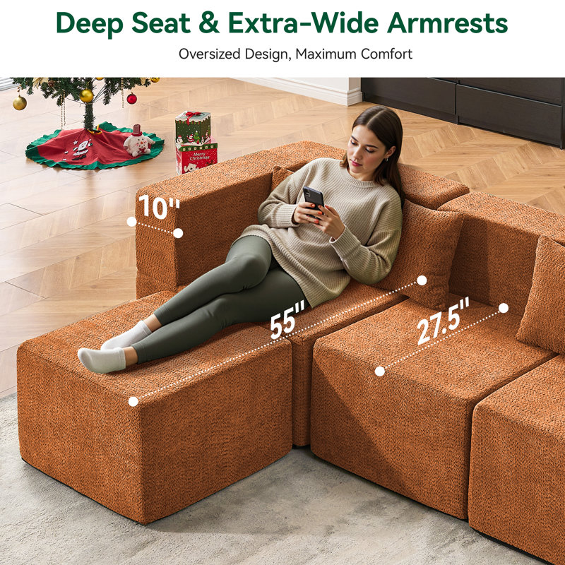 Modular Boneless Sectional Sofa With 1 Ottoman,Modern Minimalist Upholstered Couches, Comfort U Shaped Sofa For Living Room,Deep Seat Corner Couch,No Assembly Required