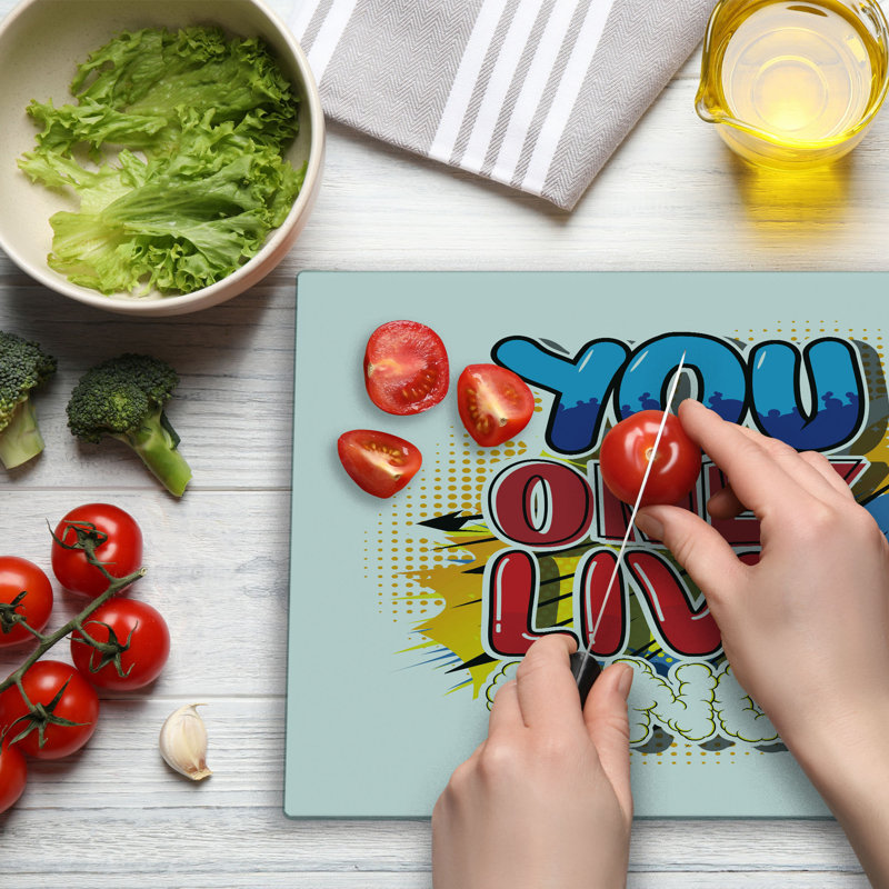 Ambesonne YOLO Cutting Board Large Size Cartoon Style Life Message Multicolor