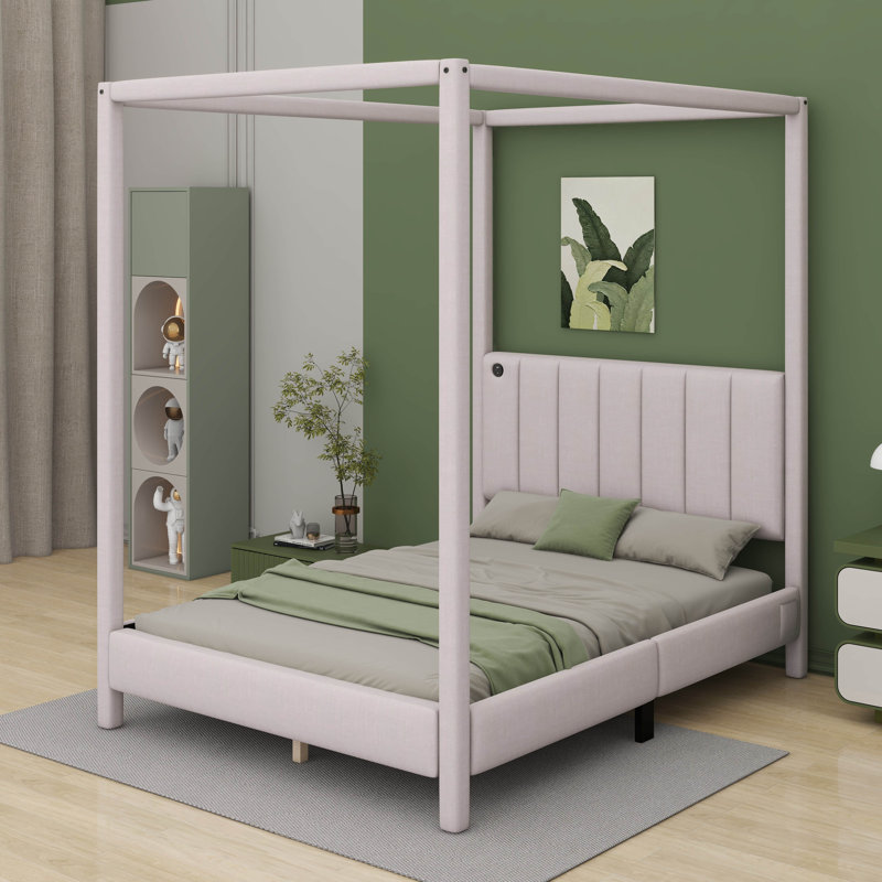 Lit à baldaquin tapissier Hokuto, Double, Beige