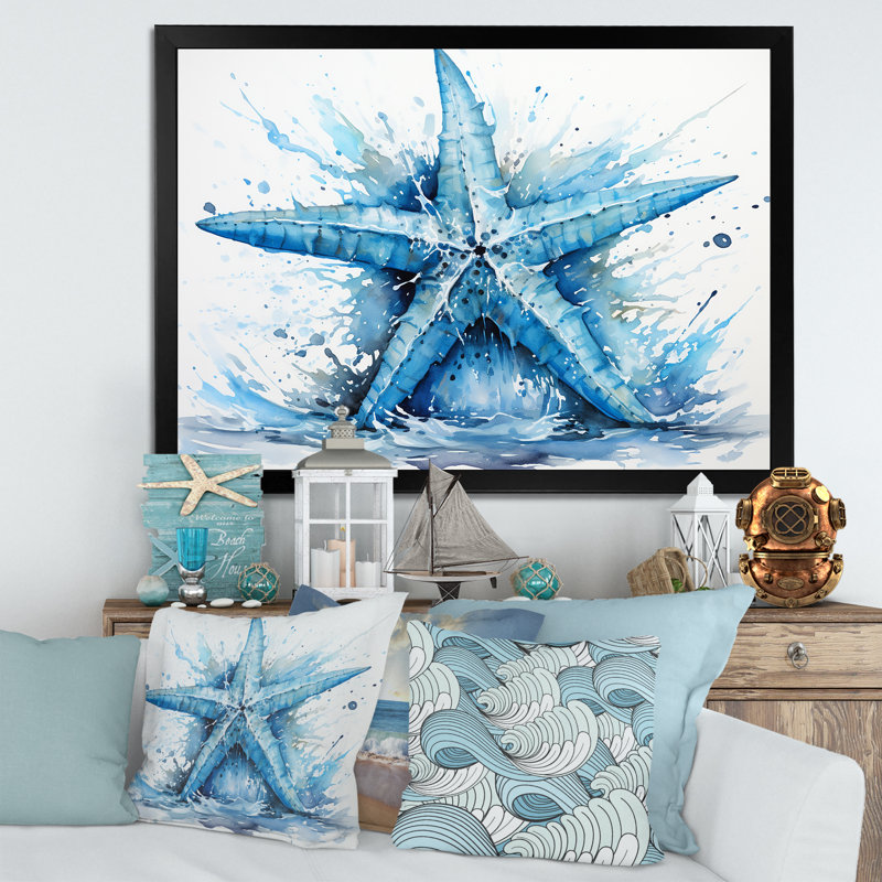 Aquarelle, étoile de mer bleue - Étoile de mer, art mural encadré, H 12 po x l 20 po x P 1 po, Cadre d'angle fermé noir