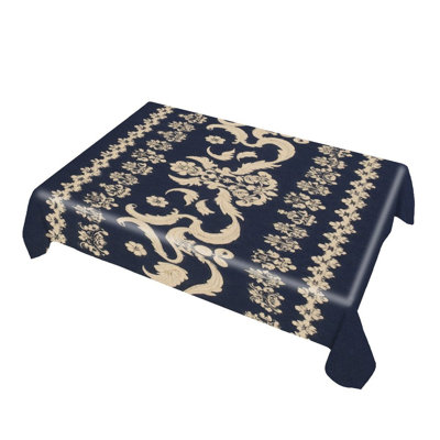 Navy Damask Floral Tablecloth, 60 x 86, Rectangle for Indoor and Outdoor