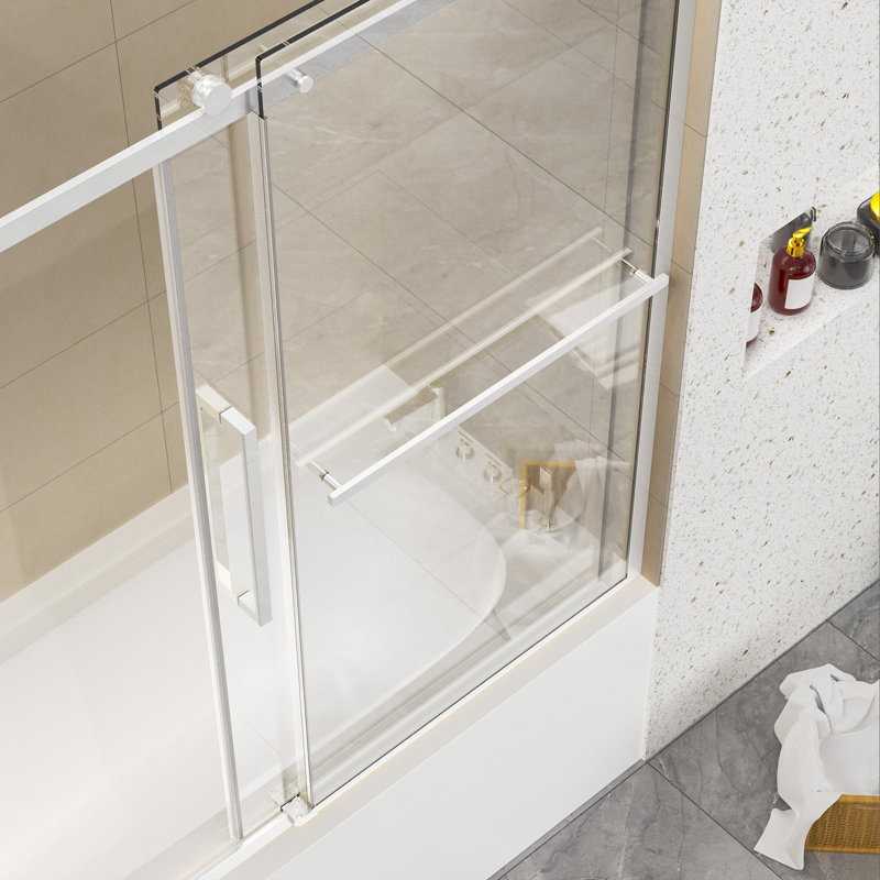 59"W x 60" H Single Sliding Frameless Tub Door with 5/16"(8mm) Clear Tempered Glass, Chrome