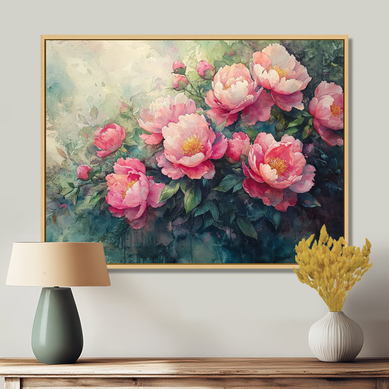 Été rose aquarelle pivoines Bloom I - pivoines grand art mural, H 34 po x l 44 po, Gold Picture Framed